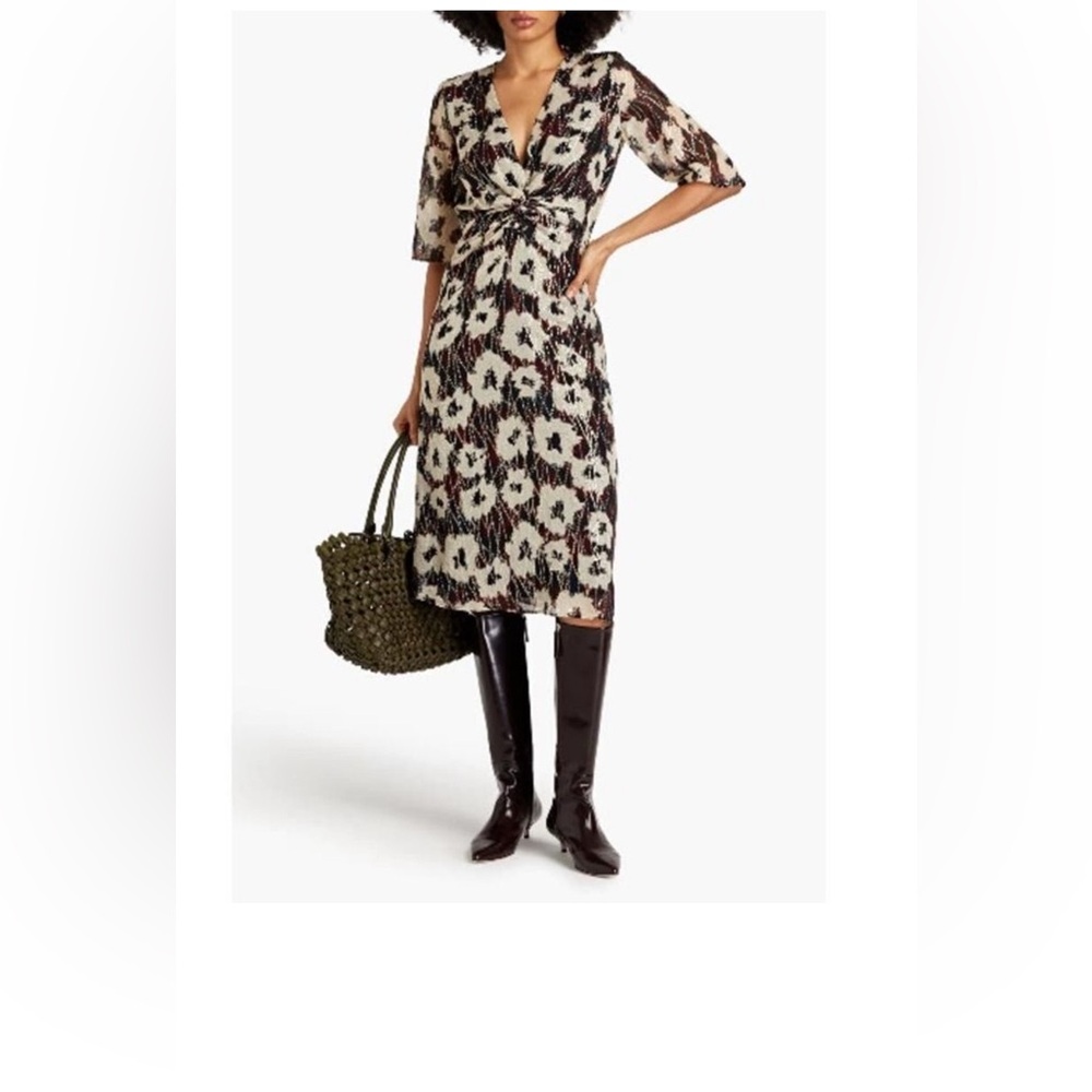 NWOT ba&sh Kaz Front Twist Floral Midi Dress - Black and Cream - Size S